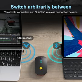 CC Store - mouse Bluetooth inalámbrico LED y conexión instantánea de 2,4 GHz, recargable ultra silencioso, 3 modos de conexión DPI ajustables 2 con adaptador USB-C a USB para computadora portátil,