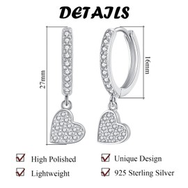 Zolkamery Silver Hoops Earrings for Women, 925 Sterling Silver Dangling Hoop Earrings with Heart Pendant, Hypoallergenic Huggie Drop Earrings with Zirconia, White Gold Dangle Earrings for Party Daily