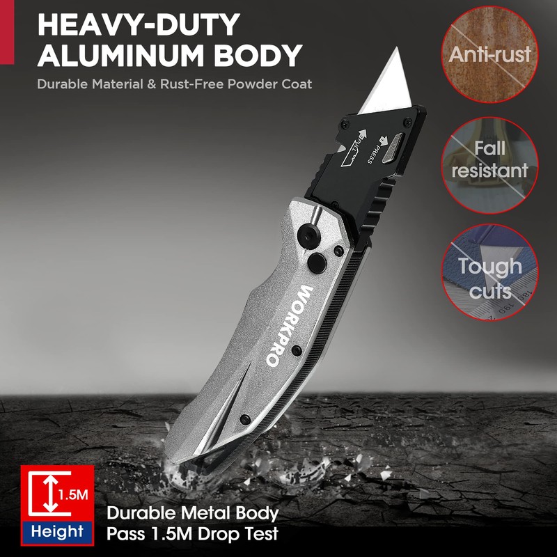 WORKPRO Folding Utility Knife, Heavy Duty Metal, Quick Open Botton