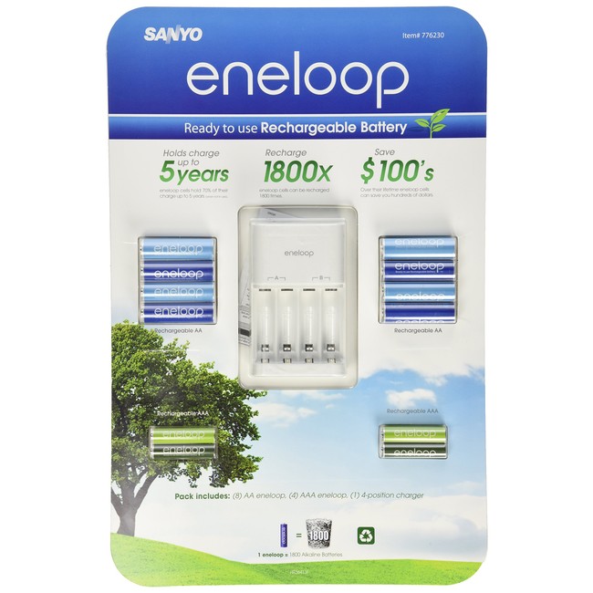 Sanyo Eneloop Ni-MH Charger and 8 Rechargeable AA and 4 Rechargeable AAA Batteries