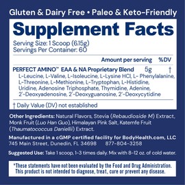 BodyHealth PerfectAmino Powder - BCAA and EAA Powder for Pre and Post Workout - Amino Acid Energy Drink for Men and Women to Support Lean Muscle and Recovery - Chocolate - 60 Servings