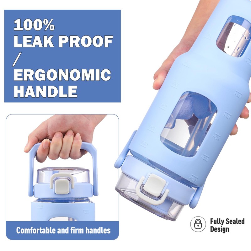 BLUEGO 40 oz Glass Water Bottle With Straw, Leakproof With