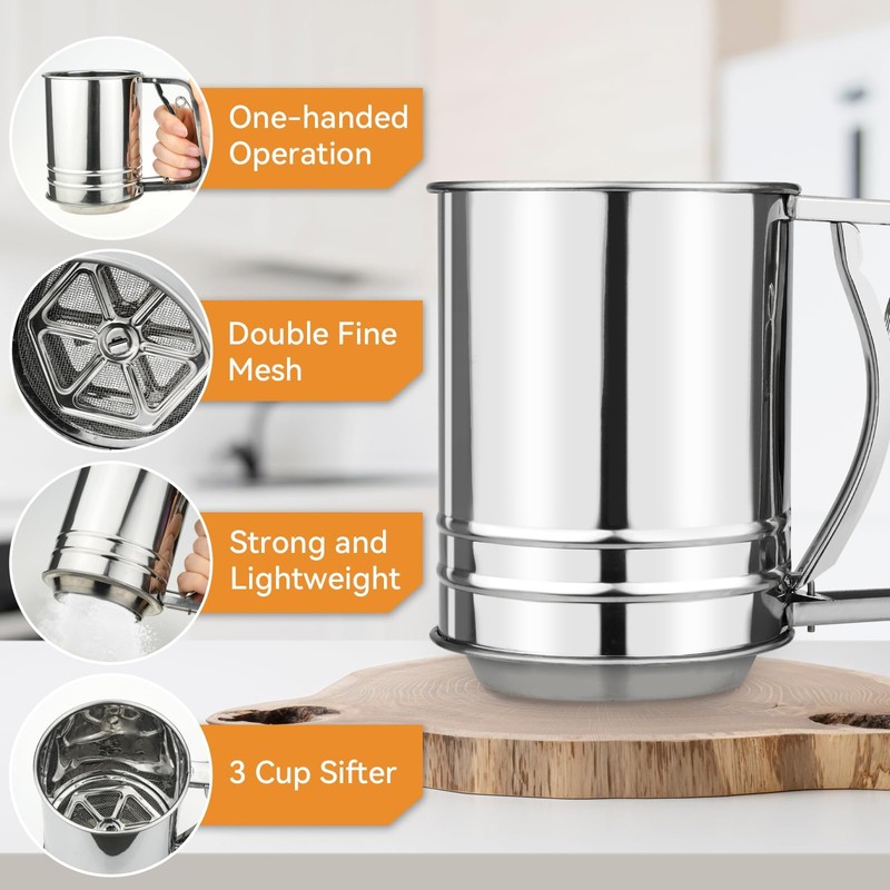 Flour Sifter, 3 in 1 Stainless Steel Sifters for Baking,