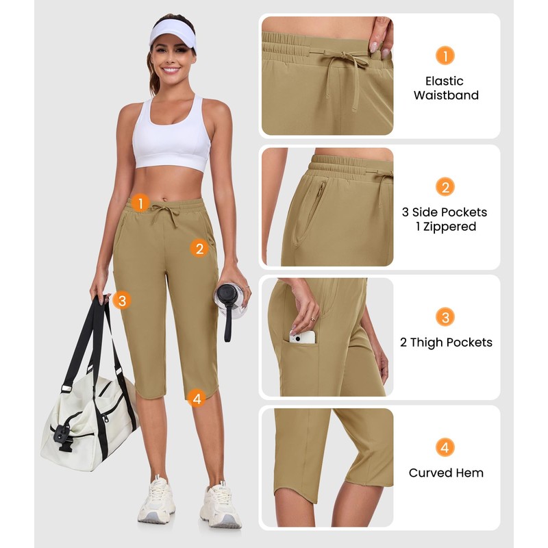 GymBrave Women's Capri Pants with 6 Pockets Quick Dry Lightweight