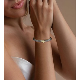 HANTNOOL Cable Bracelet for Women, Fashion Cross Heart Two Tone Cuff Bracelet Mixed Metal Dupes Adjustable Bracelet Jewelry Gifts for Her (Cross)