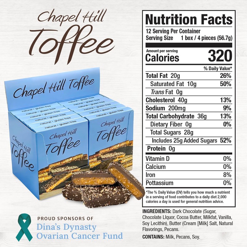 Chapel Hill Toffee, 4 Dark Chocolate Covered Pecan Toffee Squares