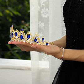 Fairyu Baroque Vintage Rhinestone Crown and Tiaras for Wedding Birthday Princess Crystal Crown Hair Accessories for Women and Girls (Blue)