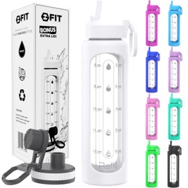 32 oz Glass Water Bottle with Time Marker - EXTRA LID, Reusable, Wide Mouth, Leakproof, Insulated Water Bottle with Silicone Sleeve, Motivational Waterbottle With Hydrating Reminder (White)