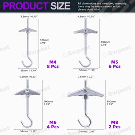 Swpeet 20 Packs Ceiling Hooks, 4 Sizes Heavy Duty Steel Toggle Wing Bolts Wall Fixing Ceiling Hooks Pothook Swag Hooks for Hanging Plants, Ceiling Installation