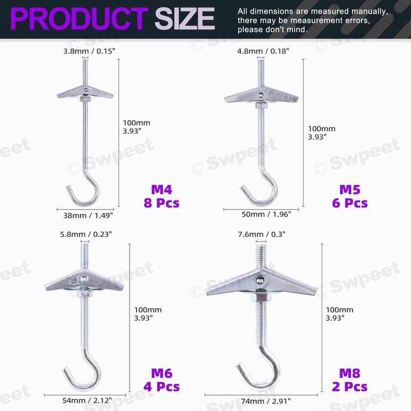 Swpeet 20 Packs Ceiling Hooks, 4 Sizes Heavy Duty Steel