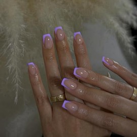 SXVME 30 Uds Morado Francés Punta Prensa En Uñas Cuadradas Cortas Prensas Ons, Uñas Falsas Cortas Ataúd Uñas Acrílicas Pegamento Francés En Uñas Corta