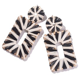 Statement Raffia Earrings Boho Drop Earrings Geometric Dangle Earrings for Women Handmade Straw Earrings Beach Earrings(Black+Ivory)