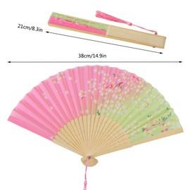 Tkocisa 2 Pack Bamboo Silk Folding Fan, Chinese Vintage Retro Fabric Fans, Small Folding Hand Fan for Performance, Dance, Fighting, Wedding, Church, Party & Gift(Blue & Pink)