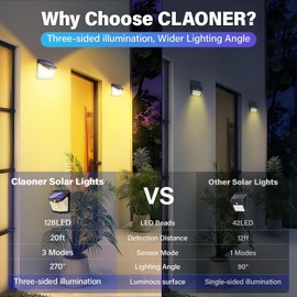 CLAONER Solar Motion Sensor Lights Outdoor, 12 Pack Solar Fence Lights IP65 Waterproof, Bright 128 LED Security Flood Lights with 270°Wide Angle, 3 Lighting Modes Motion Light for Outside, Warm White
