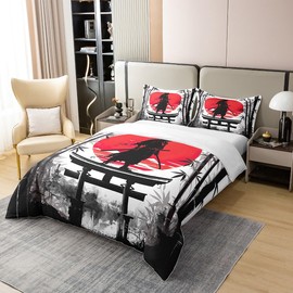 Loussiesd Children's Samurai Cotton Bed Linen Set 135 x 200 cm Boys Girls Red Sunset Bed Set Japanese Style Duvet Cover Set Ink and Wash Bamboo Duvet Cover