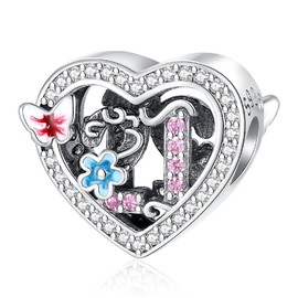 Annmors Charm 925 Sterling Silver Bead Charms 15 16 18 21 30 40 50 60 Years Love Birthday with Cubic Zirconia for European Bracelets and Necklaces, Jewellery Gift for Men and Women, Sterling Silver