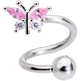 Body Candy 14G Womens Steel Clear Pink Accent Butterfly Spiral Twister Belly Button Ring Lip Navel Ring