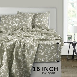 LUX Décor Floral King Sheet Set, 4 PC Soft Microfiber Wrinkle Free Sheets - Luxurious Printed Bed Sheets Includes Flat Sheet, Fitted Sheet with Deep Pockets, & 2 Pillowcase, Taupe