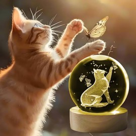 DesignerBox 3D Cat Themed Crystal Ball Gifts, 60mm Colorful Light up Decorative Ball, Cat Lovers Gift for Women, Friends and Family Themed Present with Light Base (cat A)