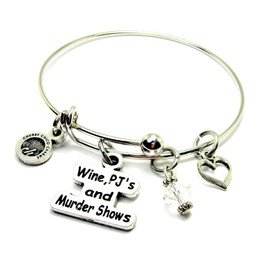 ChubbyChicoCharms Wine Pjs and true crime shows documentaries Expandable Bangle Charm Bracelet