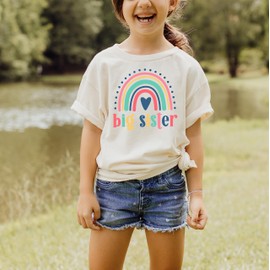 Big Sister Heart Rainbow Shirt for New Baby Pregnancy Reveal Outfit for Baby and Toddler Youth Girls Purple Shirt 5-6