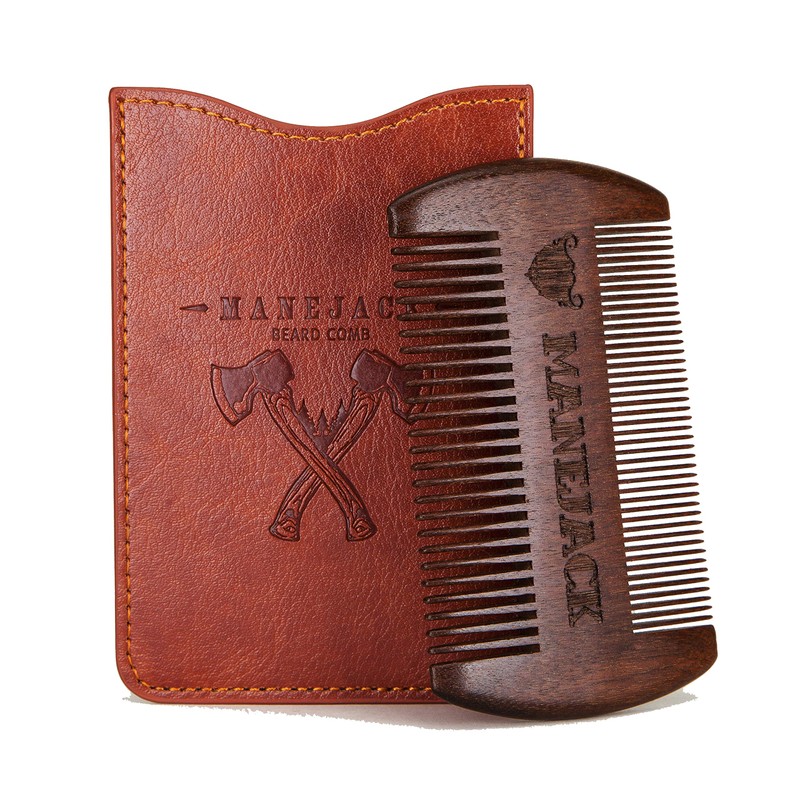 MANEJACK Wooden Beard Comb & Case, Dual Action Fine &