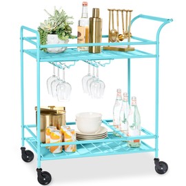 Best Choice Products Outdoor Mobile Patio Bar Cart, Home Bar Serving Cart, BBQ Grill Cart w/ 2 Tier Storage, Wine Rack, Lockable Wheels - Teal