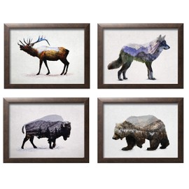 Rustic Double Exposure Elk, Bison, Wolf and Bear Landscape Set; Cabin Lodge Decor; Four 10x8in Brown Framed Prints; Ready to Hang!