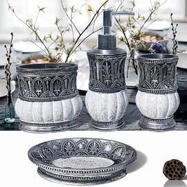 Pumkins Bathroom Accessories Set，Retro Style Including 1 Cups, 1 Toothbrush Holders, 1 Soap Dishes and 1 Soap Dispenser, Home and Countertop Decoration, Vanity Organize, New Home Gift, Grey