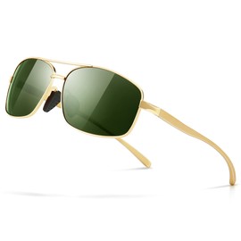 SUNGAIT Ultra Lightweight Rectangular Polarized Sunglasses Men UV400 Protection (Gold Frame Green Lens, 62) Metal Frame 2458 JKMLV