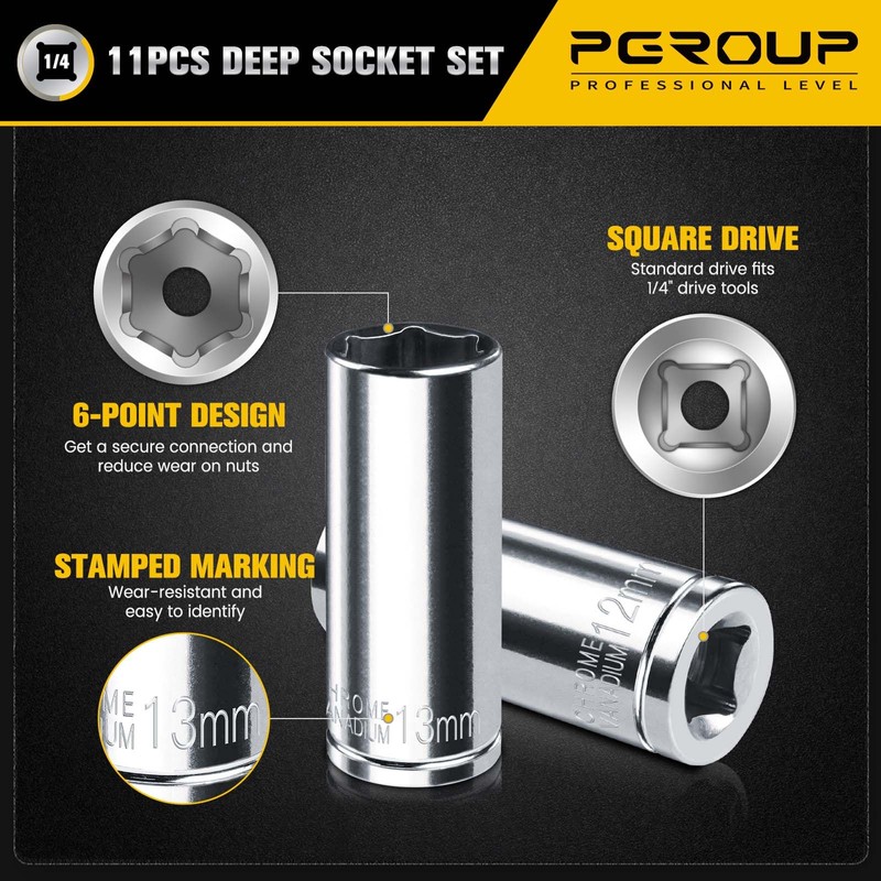 pgroup 1/4" Drive Deep Socket Set, 11PCS Metric Size Socket