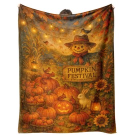 Fall Pumpkin Festival Blanket 60"X50" - Soft Flannel Throw Blanket, Autumn Harvest Decorative Blanket for Couch, Farmhouse Thanksgiving Home Decor Gift (Pumpkins, Scarecrow)