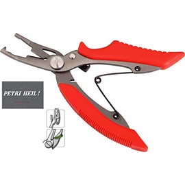 A pair of scissors for braided cord and snap ring pliers, split ring pliers approx. 13 cm + free Petri Heil! sticker.