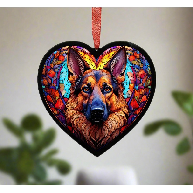 Image Industry German Shepherd Stained Glass Effect Heart Suncatcher -