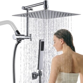 All Metal Rain Shower Head with Handheld Combo, 10'' High Pressure Rainfall Shower Head Sprayer, Handheld Shower Head with Shower Holder, Adjustable Extension Arm, Bathroom Upgrade, Polished Chrome