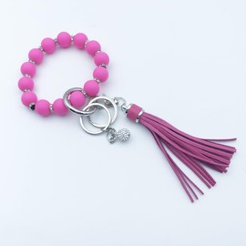 Unpafcxddyig Wristlet Bracelet Keychain Silicone Beads with Leather Tassel Rhinestone Key Rings Silver for Women (Red)