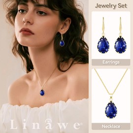 Linawe Sapphire Crystal Gold Earring Set, Blue Pendant Necklace Set, Boho Gold Jewelry Sets for Women, Imitation Diamond Rhinestone Matching Necklace, Cubic Zirconia Birthstone Earrings