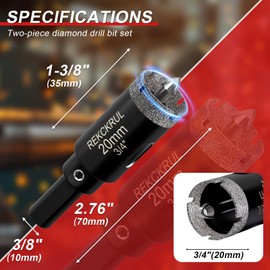 REKCKRUL 3/4 Inch Diamond Hole Saw with Pilot Drill Bit, 2PCS Premium Tile Hole Saws for Porcelain, Ceramic, Granite, Marble, Glass - 1-3/8" Cutting Depth, Serrated Edge & Wet/Dry Use (20mm)