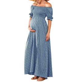 Floral Maternity Dress for Photoshoot Baby Shower, Square Neck Puff Sleeve Maternity Boho Smocked Pregnancy Dresses