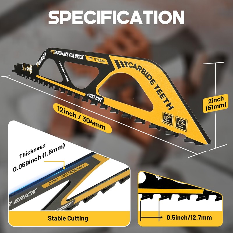 TOLESA Demolition Masonry Reciprocating Saw Blades 12-Inch, Carbide Blades for
