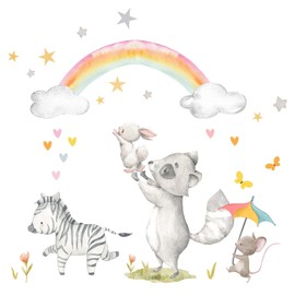 Little Deco DL720 Wall Sticker for Children's Room, Raccoon Rabbit, Wall Picture, 50 x 32 cm (W x H), Mouse Wall Sticker, Zebra Playroom, Rainbow, Baby Decoration, Stars