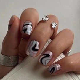 Press on Nails Short with Swirl Lines Designs, 24Pcs Full Cover Reusable False Nails with Glue, Artificial Square Fingernails Acrylic Fake Nails for Women, Girls Stick on Nails with Charm Decorations