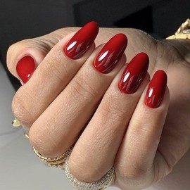 Short Oval Press on Nails French Solid Fake Nails with Simple Wine Red Designs Almond False Nails Artificial Acrylic Glossy Full Cover Glue on Nails Stick on Nails for Women and Girls 24 Pcs Manicure