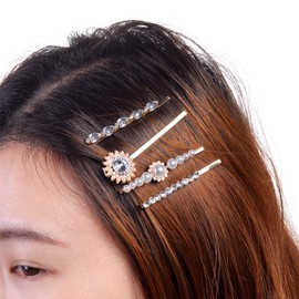 Lux Accessories Set of 4 Pieces Floral Clear Crystal Rhinestones White Pearls Gold Tone Hair Pins