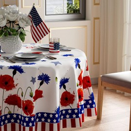 XCHI America Stars Red Blue Flowers Patriotic 4th of July Memorial Day Independence Day Tablecloth Round Washable Table Covers for Home Party Decorations 60x60 Inch
