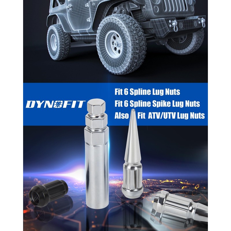 Dynofit 6 Spline Lug Nuts Socket Key, Universal Chrome Spike