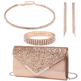 OUAYEMEL Women Glitter Envelope Clutch Bag Sequins Evening Wedding Handbag Purse Bridal Prom Party Shoulder Bags Elegant 4 piece Rhinestone Jewelry Set for Women Rose Gold