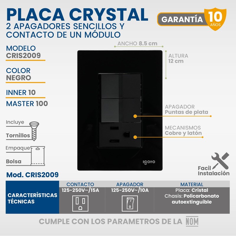 Placa Armada Cristal con 2 Apagadores Sencillos Y 1 contacto