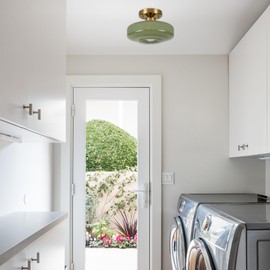 HUAWIYA Gold Ceiling Light,10.24 inch,Olive Green Milk Glass Shade, Semi Flush Mount Light Fixture for Hallway, Entryway, Laundry Room