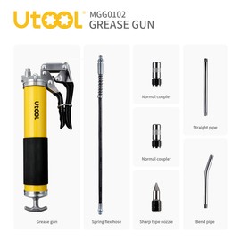 UTOOL Grease Gun, 8000 PSI Heavy Duty Pistol Grip Grease Gun Kit with 14 oz Capacity, 18 Inch Resin Flex Hose, 2 Basic Coupler, 2 Extension Rigid Pipe and 1 Sharp Type Nozzle, Argent Matte Finish